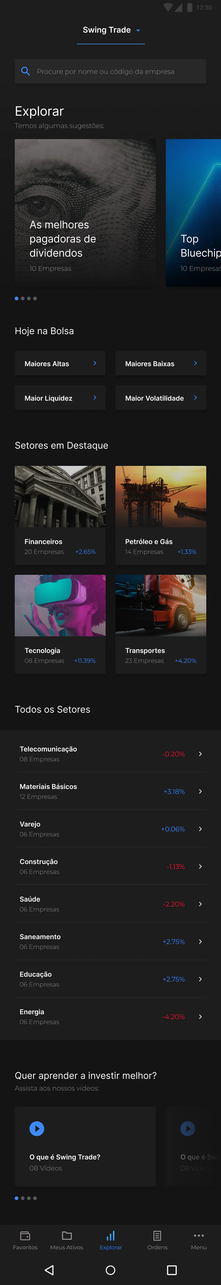 Tela inicial do app anterior, com o seletor de modo Swing Trade no topo.
