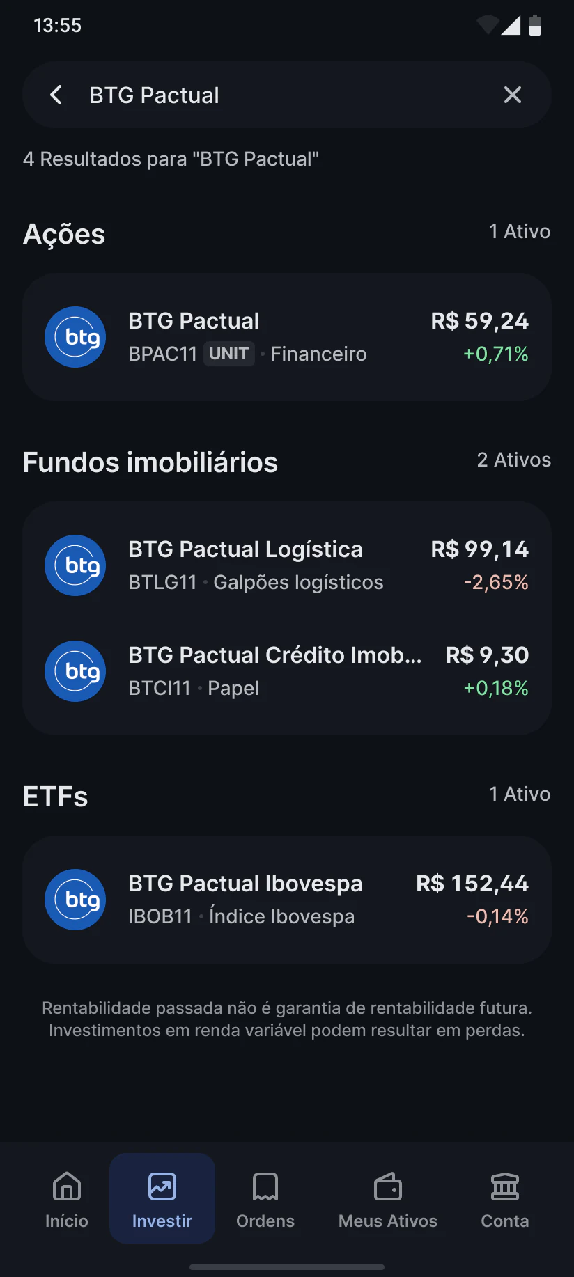Resultados agrupados por categoria: ações, fundos imobiliários e ETFs.