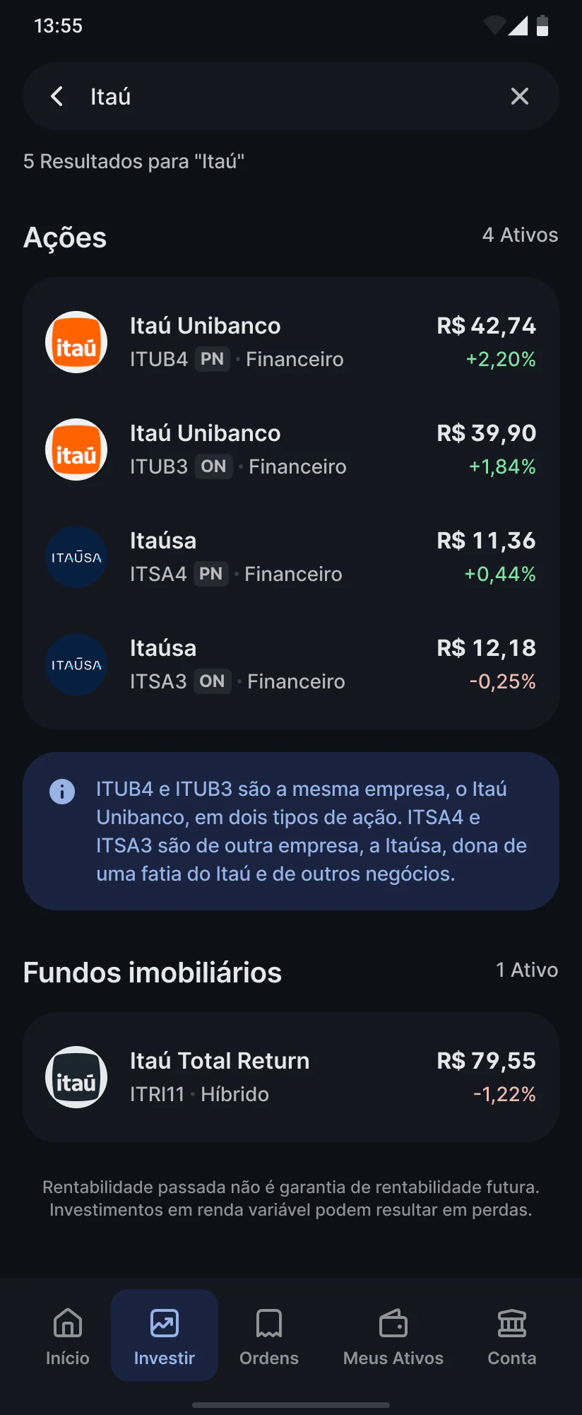Resultados com um aviso explicando a diferença entre dois papéis da mesma empresa.
