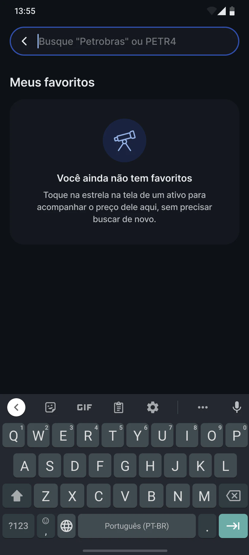 Primeira busca, com os favoritos ainda vazios e o teclado aberto.
