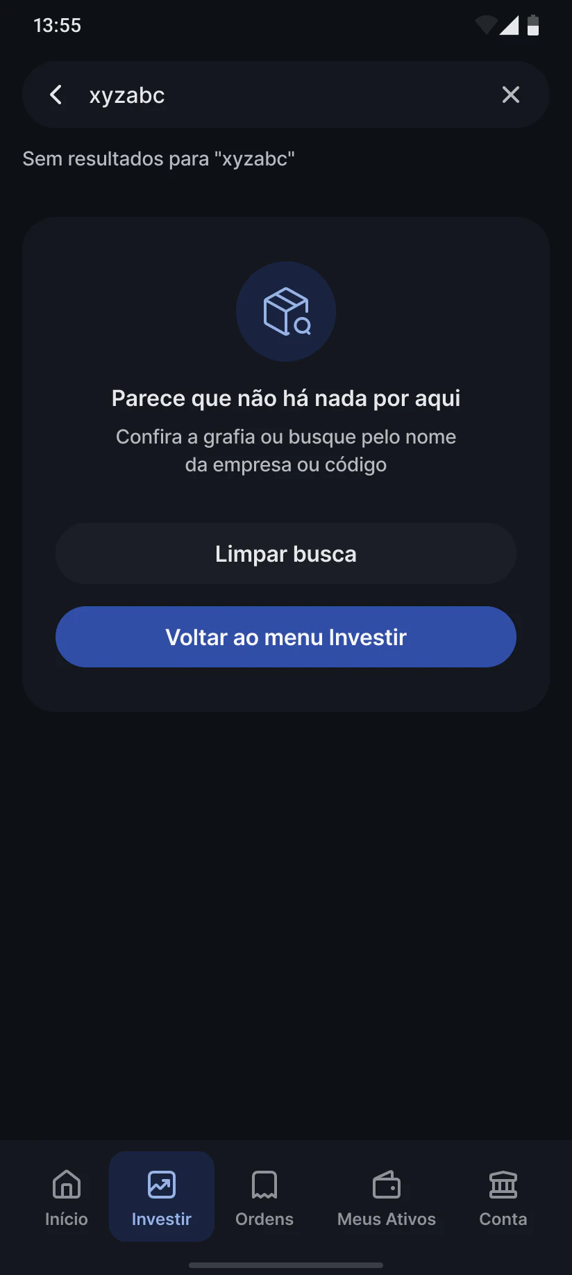 Busca sem resultado, com a opção de limpar a busca ou voltar ao menu Investir.