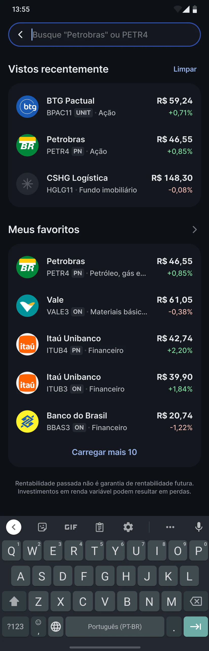 Busca aberta mostrando os ativos vistos recentemente e os favoritos da própria pessoa.