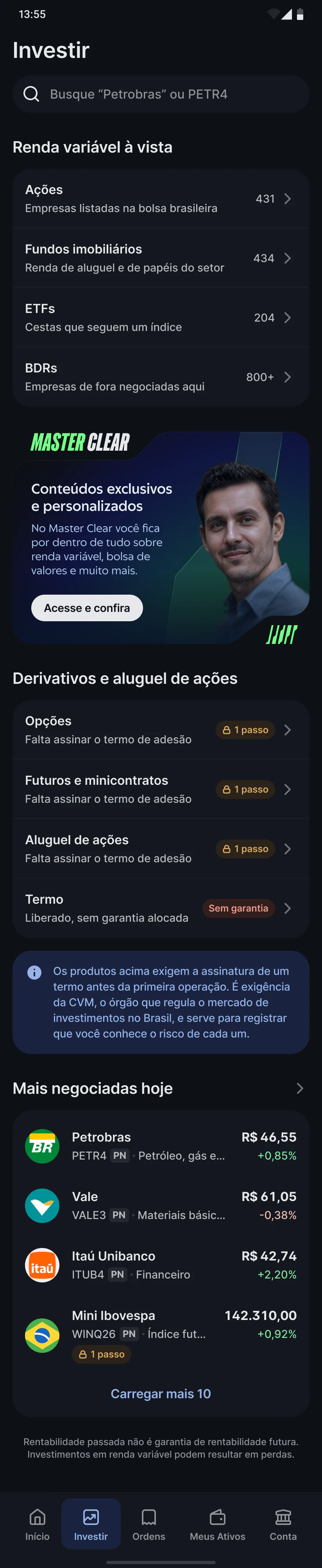 Tela Investir com as quatro portas de renda variável e o menu de cinco destinos no rodapé.